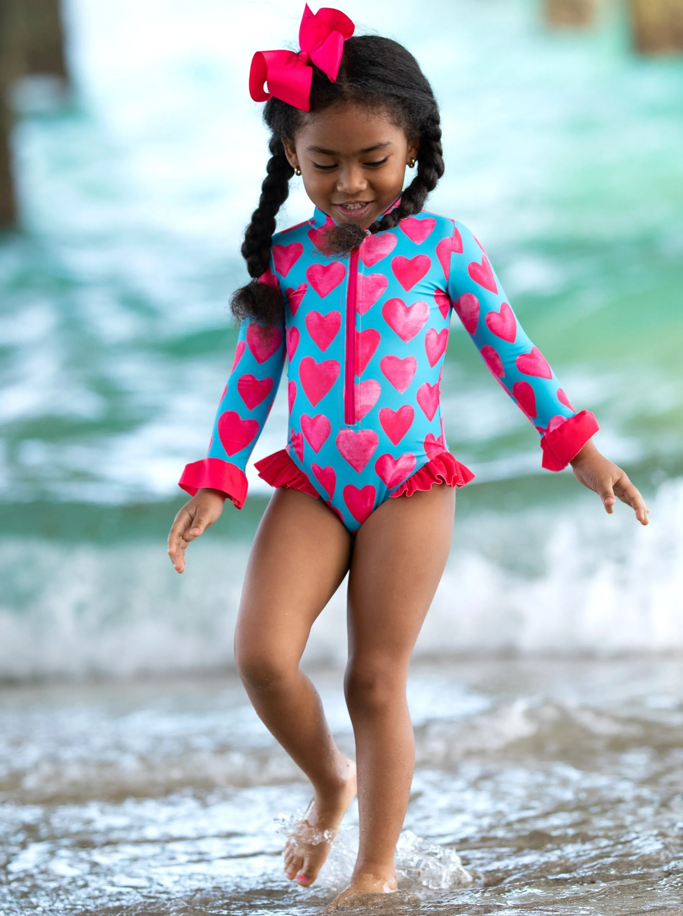 Watercolor Hearts Rash Guard One Piece Swimsuit