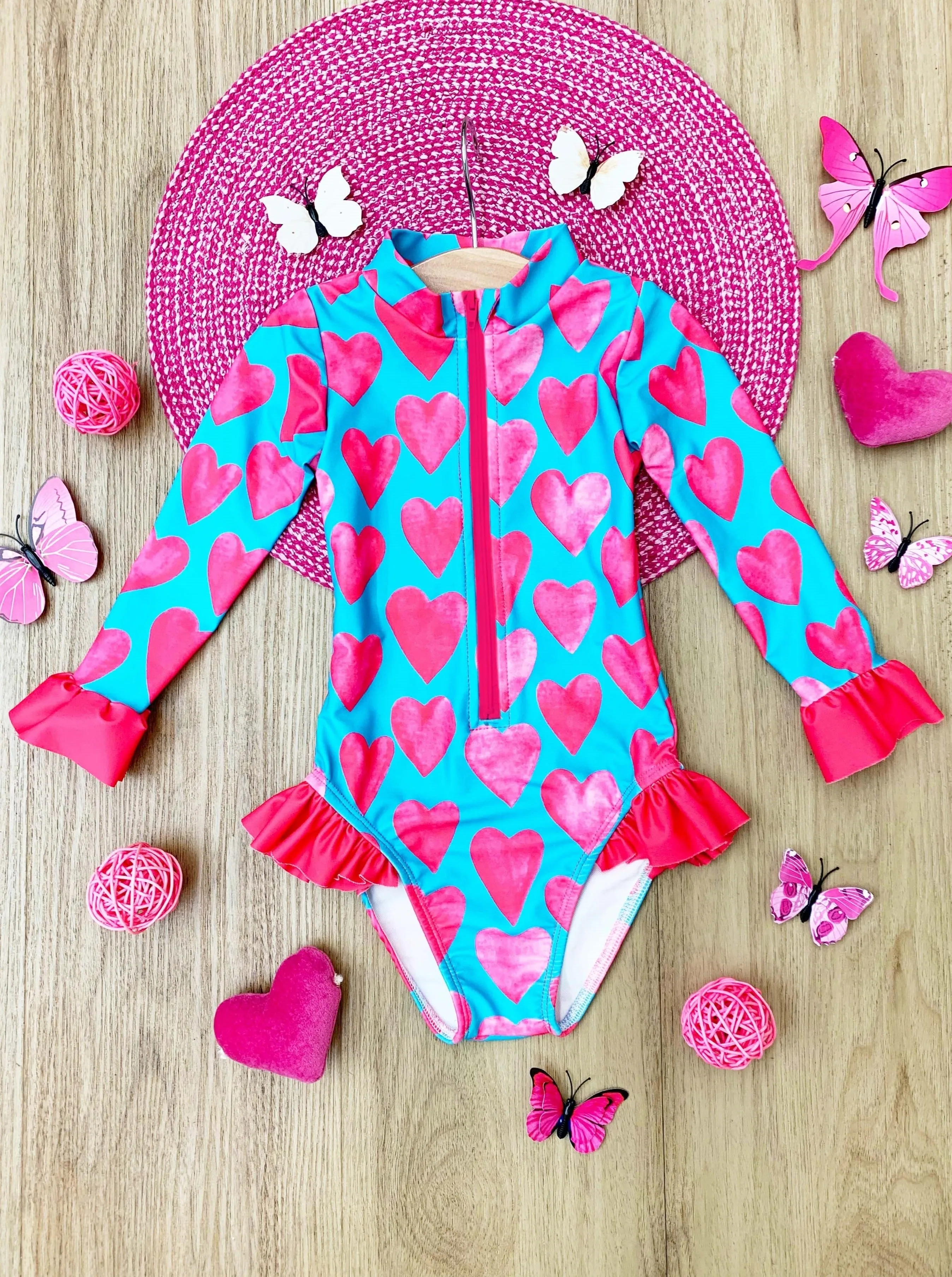 Watercolor Hearts Rash Guard One Piece Swimsuit