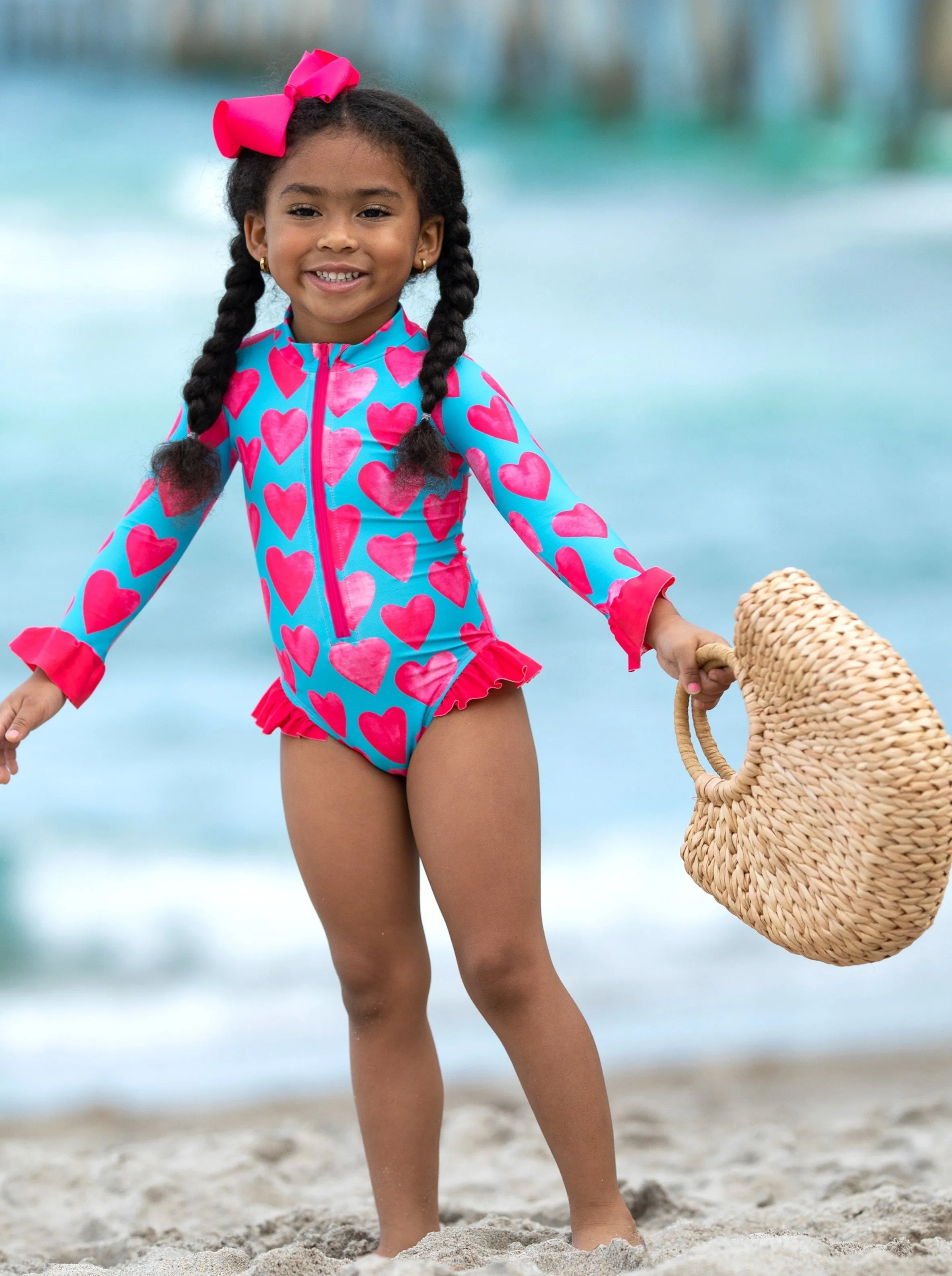 Watercolor Hearts Rash Guard One Piece Swimsuit
