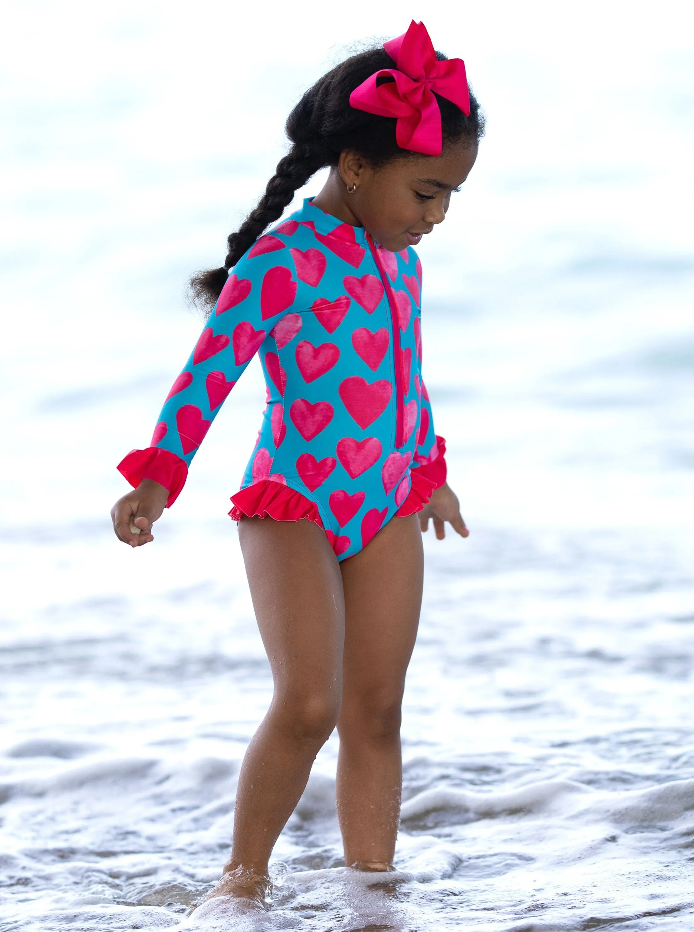 Watercolor Hearts Rash Guard One Piece Swimsuit