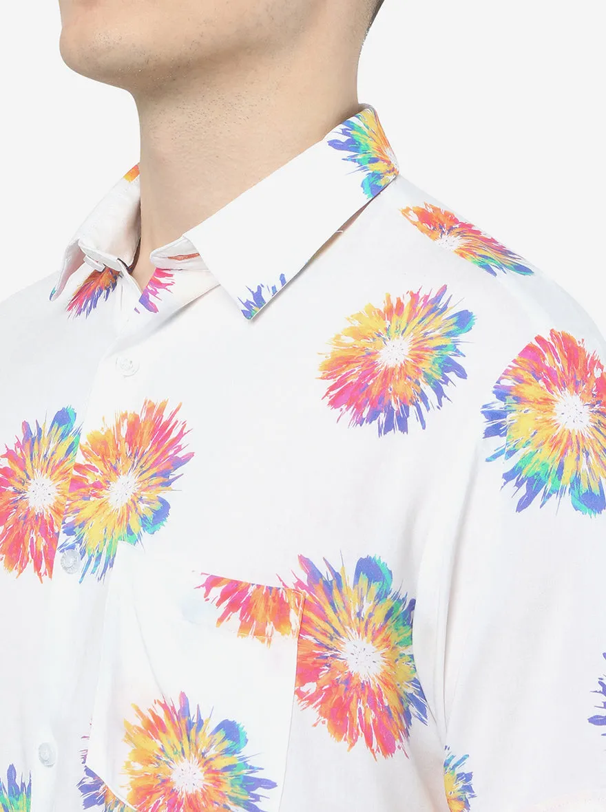 White Printed Slim Fit Semi Casual Shirt | JadeBlue