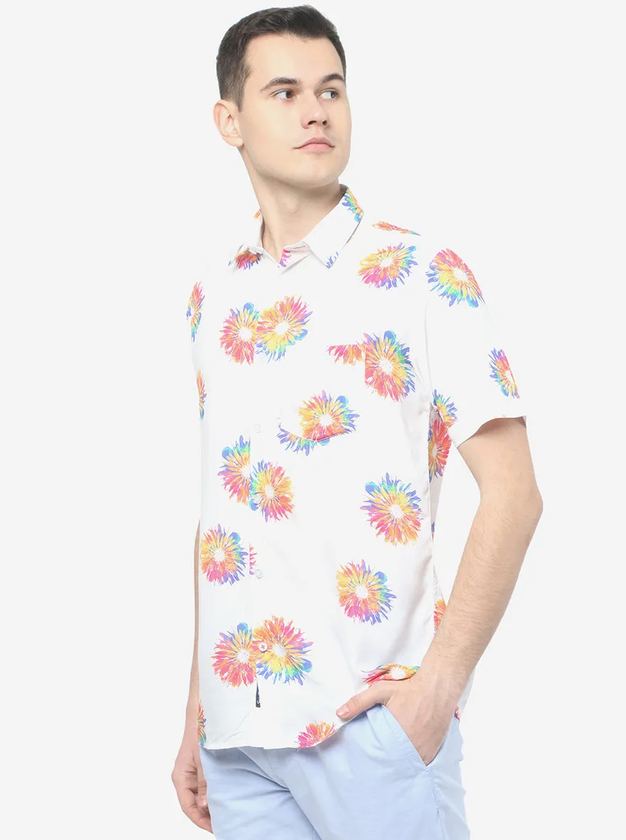 White Printed Slim Fit Semi Casual Shirt | JadeBlue