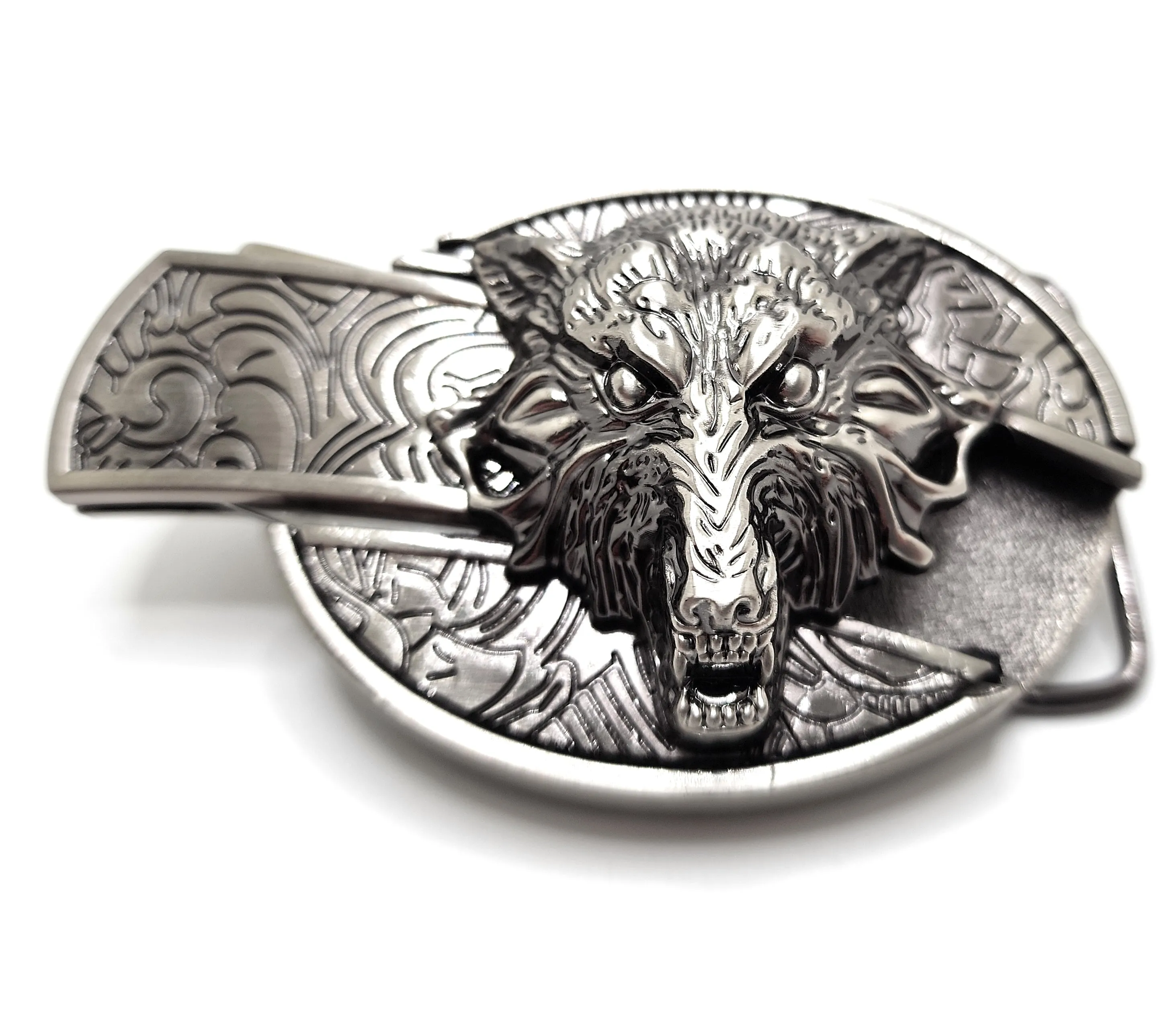 Wolf Head Silver Folding Knife Belt Buckle