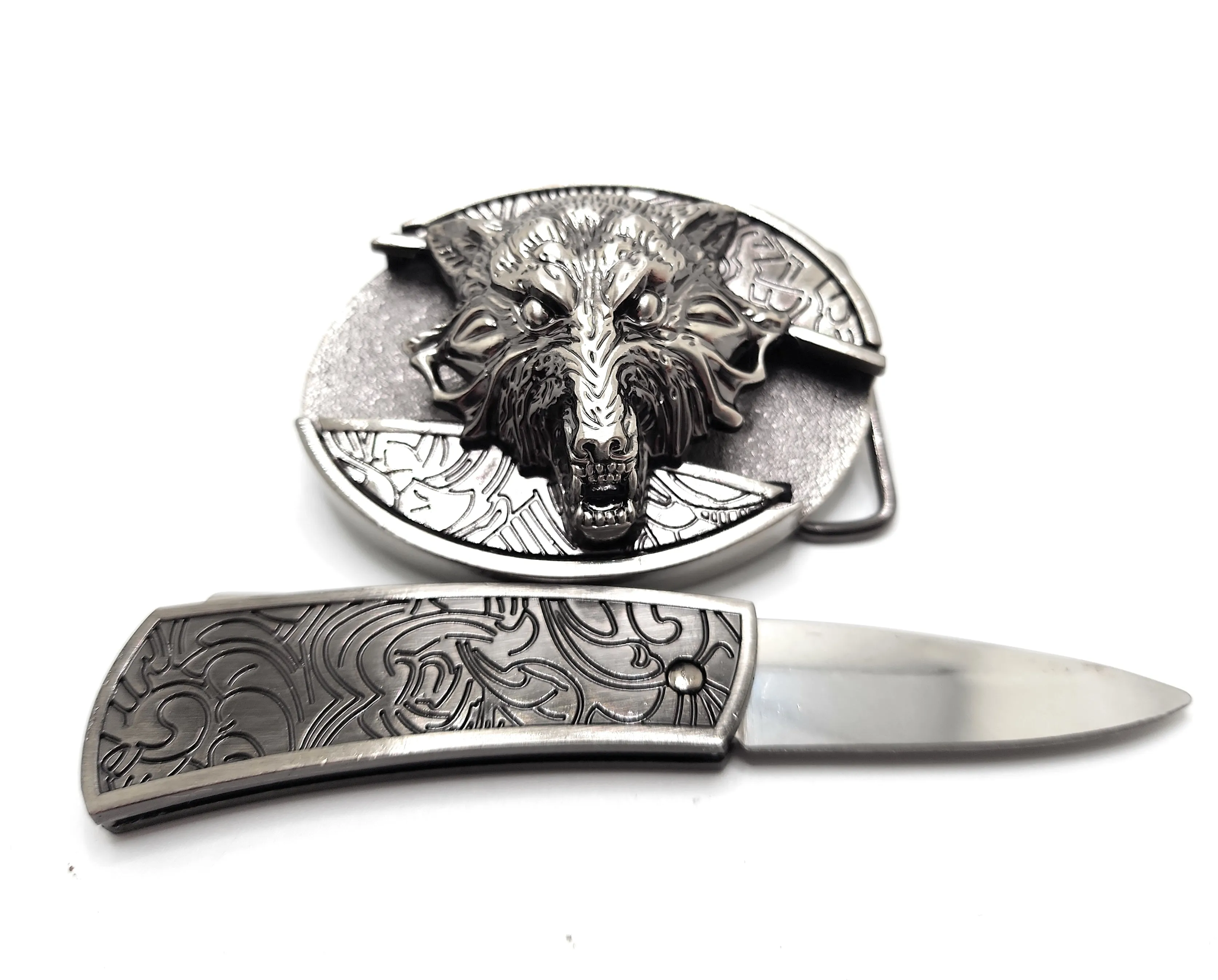 Wolf Head Silver Folding Knife Belt Buckle