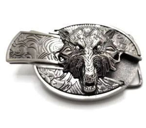 Wolf Head Silver Folding Knife Belt Buckle