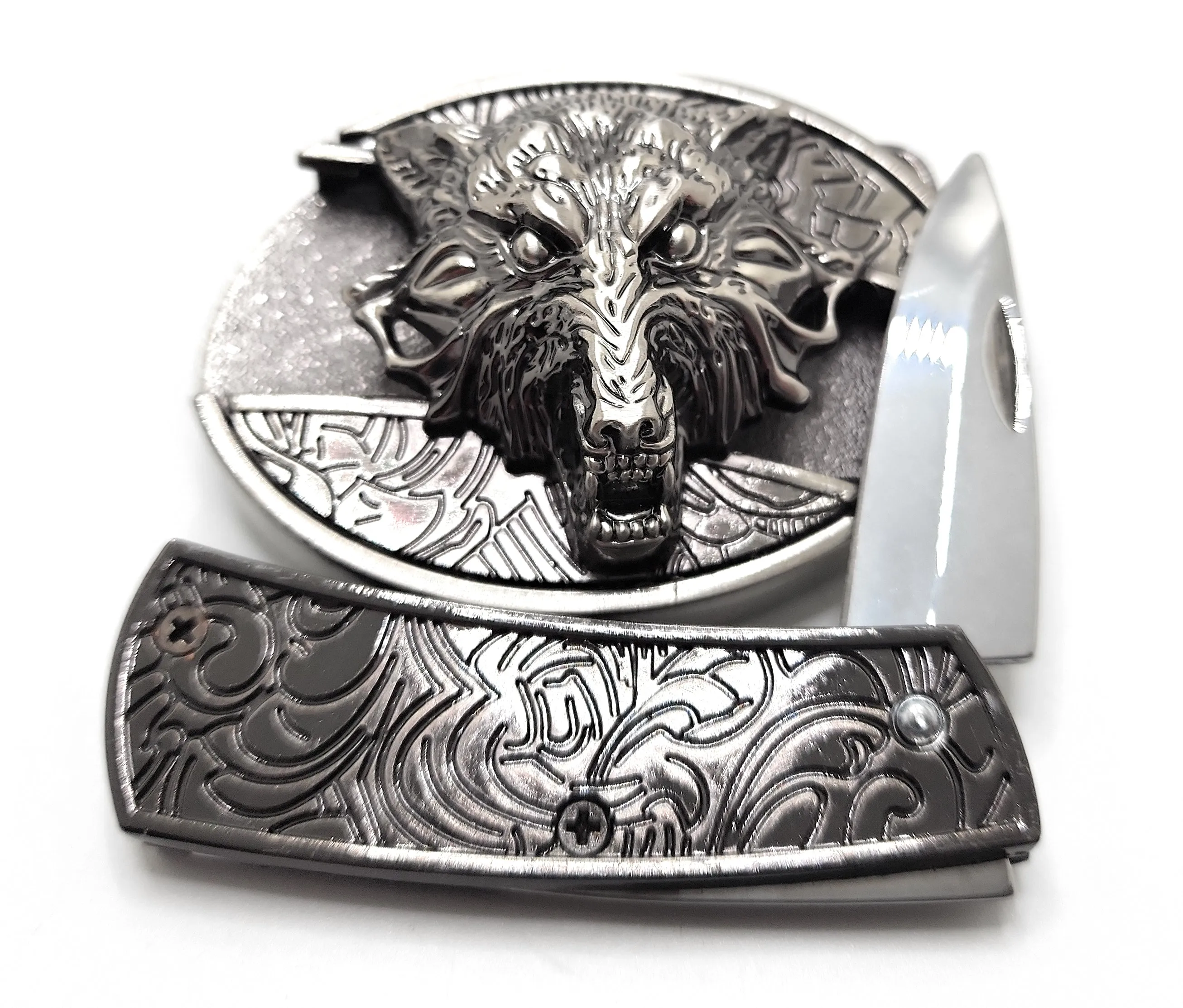 Wolf Head Silver Folding Knife Belt Buckle