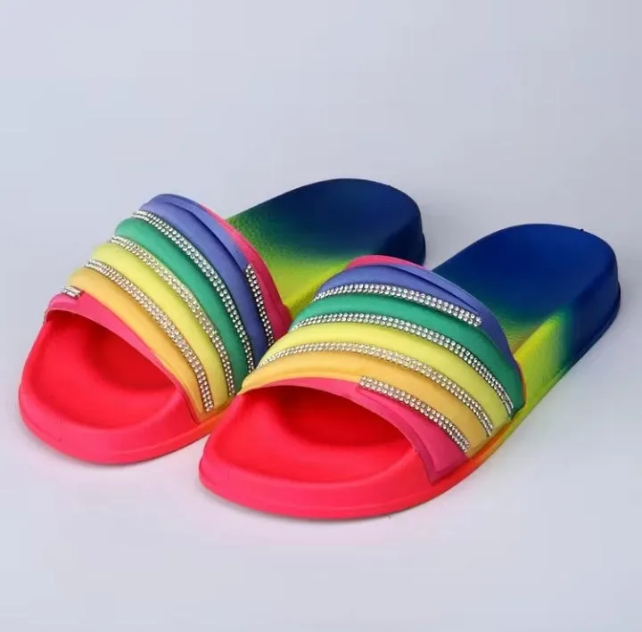 Women slippers tie dye sparkling crystal cotton upper outdoor diamond PVC lady slides