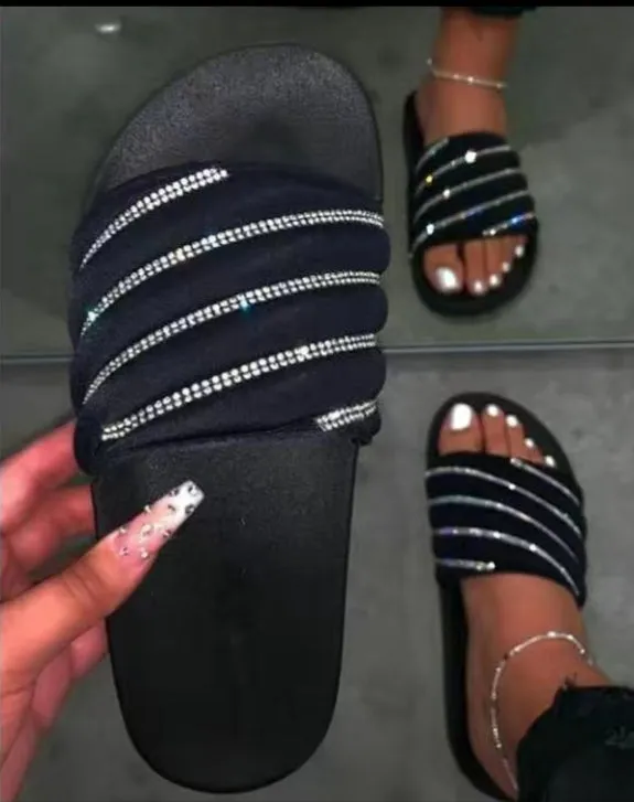 Women slippers tie dye sparkling crystal cotton upper outdoor diamond PVC lady slides