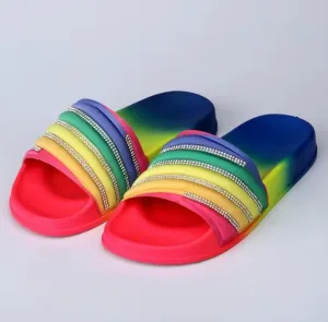Women slippers tie dye sparkling crystal cotton upper outdoor diamond PVC lady slides