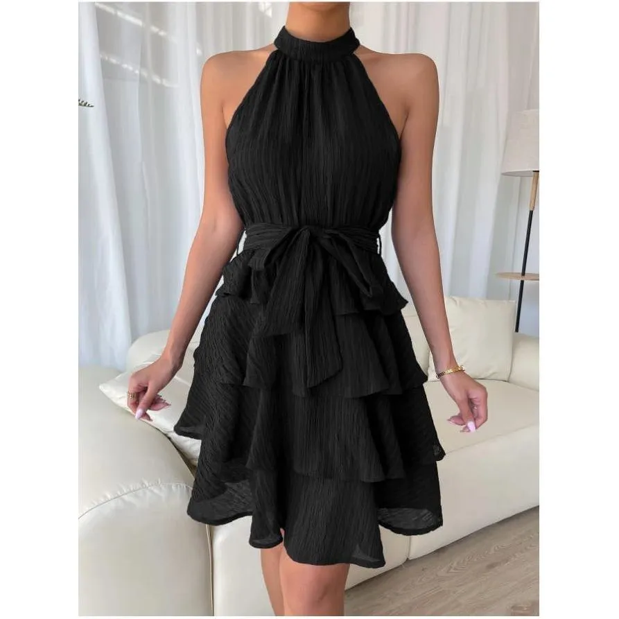 Women's Summer Sleeveless,Ruffle Belt Casual Layered Mini Swing Dress (S)