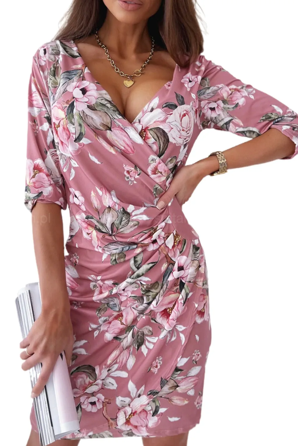 Wrap V Neck Floral Midi Dress