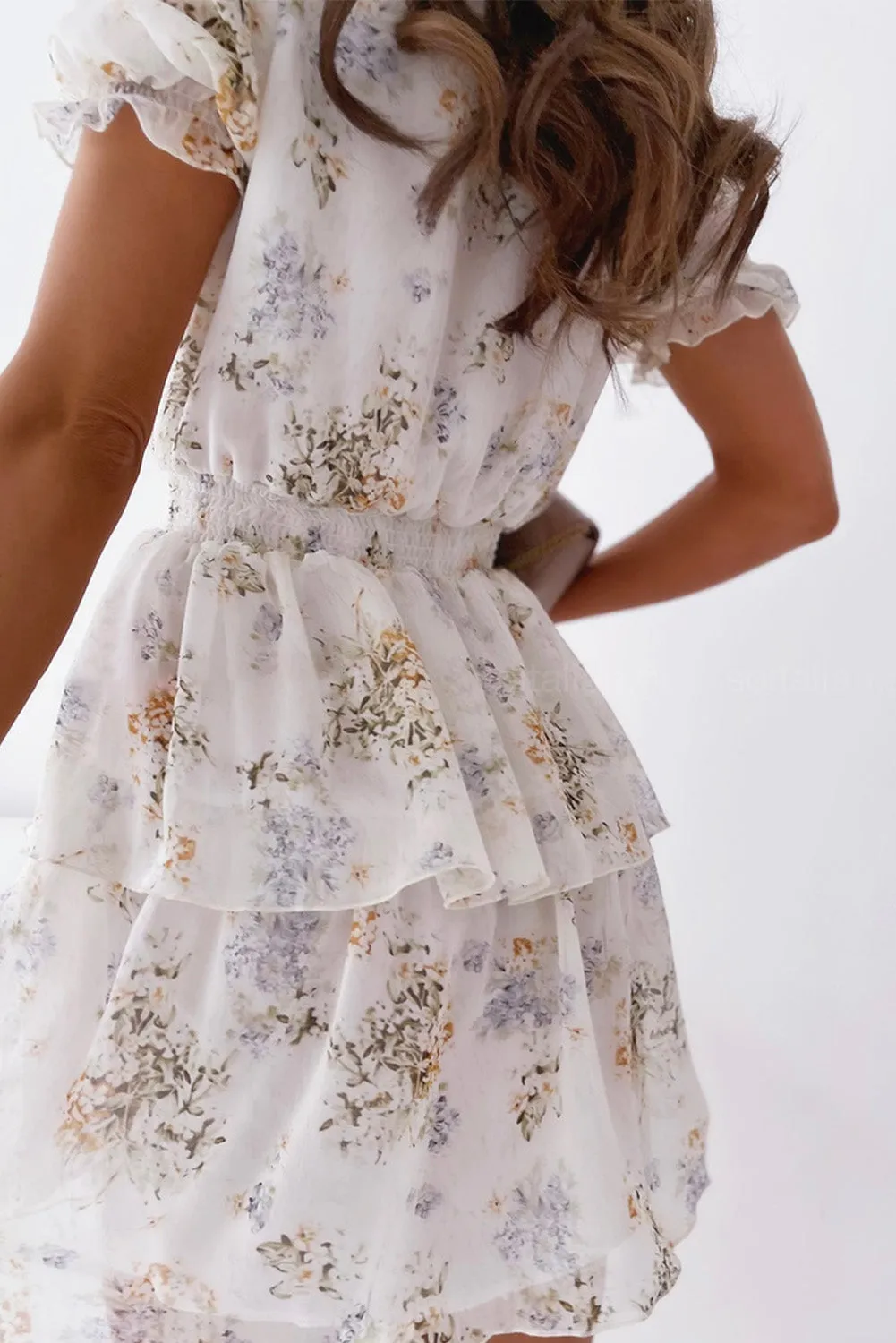Wrap V Neck Tiered Ruffle Floral Dress