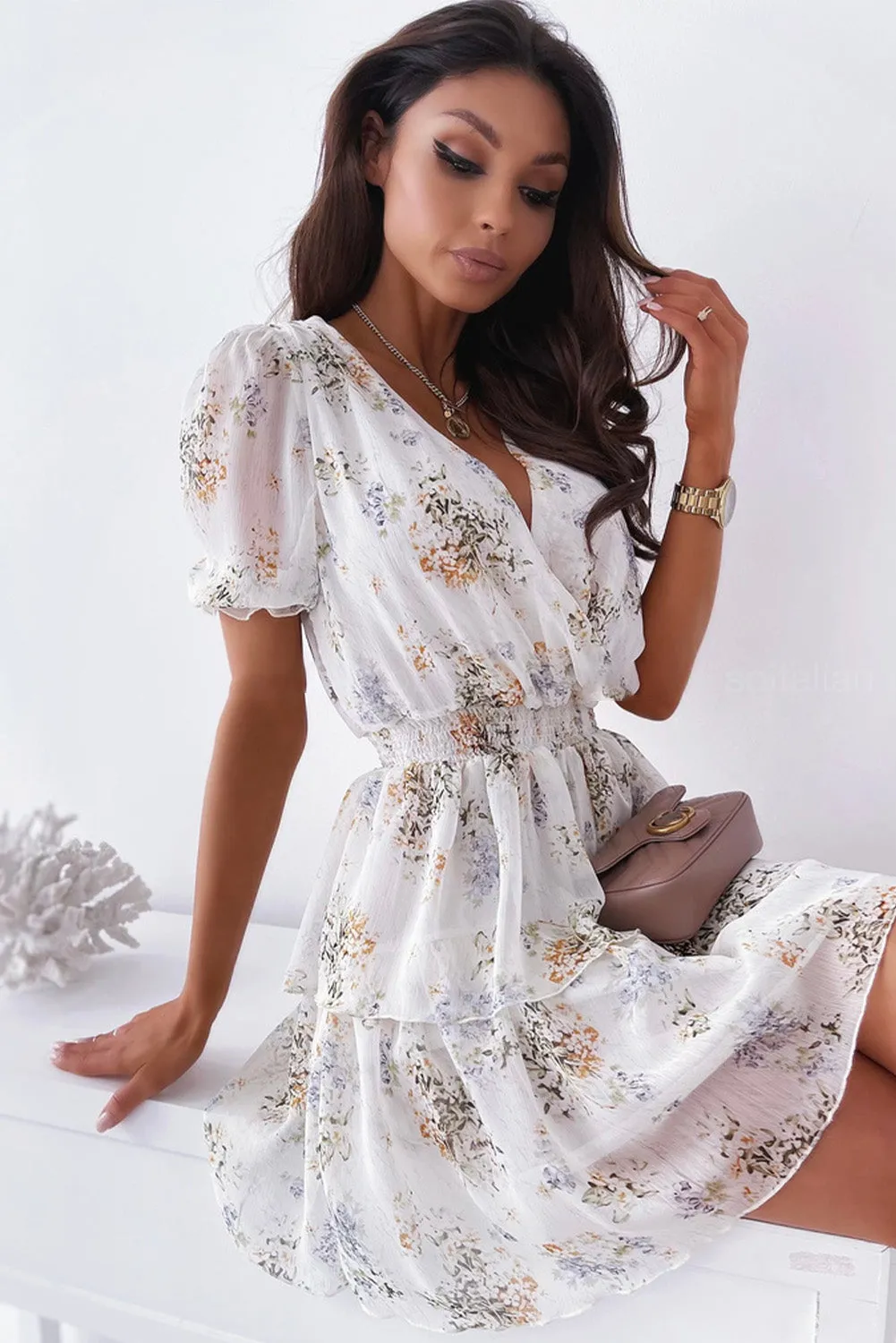 Wrap V Neck Tiered Ruffle Floral Dress